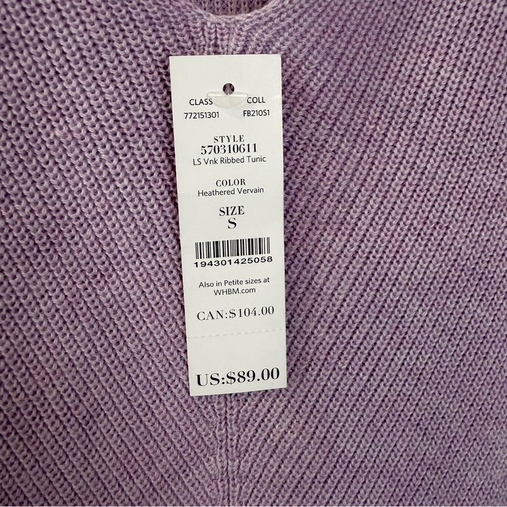 WHBM Cashmere Blend Lilac L/S V-Neck Ribbed Tunic Sweater Size XS NEW $89 Spring - Picture 6 of 7